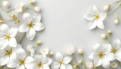 Obraz premium Elegant white floral arrangement design, delicate blossom motif or soft petal backdrop for Mother's Day, birthday, Valentine's, wedding, or celebration cards, comic art. with white shades