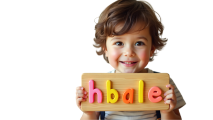 Smiling child holding a board with colorful alphabet letters