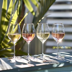 An assortment of wine glasses filled with delightful wine varietals outside