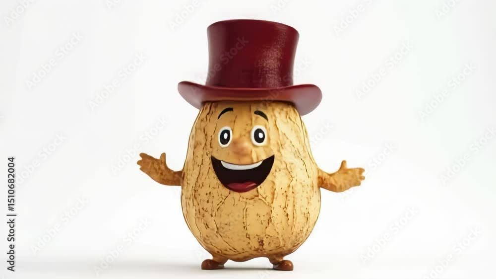 Poster animated peanut character wearing a top hat, smiling with open arms on a white background
