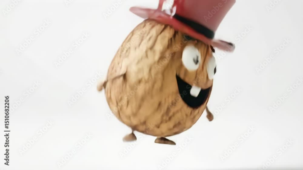 Poster animated walnut character with a red top hat walking and smiling on a white background