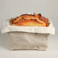 Artisan sourdough bread loaf cooling in a canvas basket on plain background