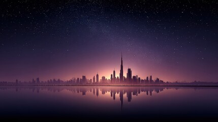 A sleek sci-fi skyline under a deep violet sky scattered with stars and digital holograms, reflecting a high-tech civilizations night life