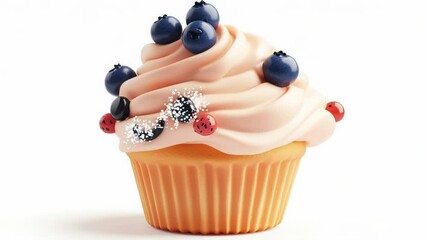 Cute cupcake with blueberries and a smiling face, isolated on white background - Powered by Adobe