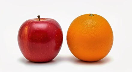 Vibrant apple and orange side-by-side on a white background, highlighting their differences for healthy eating, nutrition, or comparative concepts.