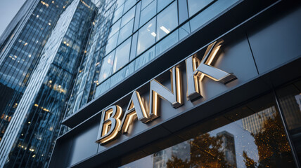 Modern Bank Building Facade Golden Sign Letters Glass Architecture Commercial Financial Institution Exterior Urban Business