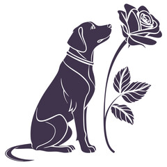 silhouette dog rose on white background