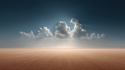 A wide desert landscape illuminated by intense sunlight, with heat waves visible above the sand and a few scattered clouds hinting at changing weather patterns