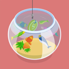 3D Isometric Flat Vector Illustration of Financial Scam , Lures Gullible Individuals With Fishing Rod For Profit