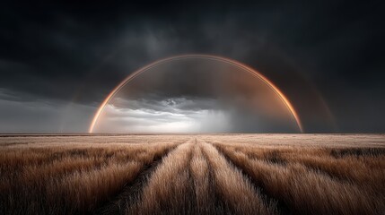 A brilliant double rainbow stretching across a dramatic stormy sky, captured in a wide-angle photograph that highlights the contrast between light and dark clouds