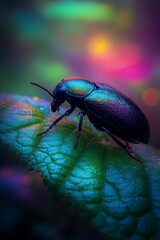 Naklejka premium Jewel Beetle on Leaf: A vibrant jewel beetle, iridescent in shades of deep blue and green, crawls across a textured leaf. The background is a soft, colorful blur of rainbow hues.