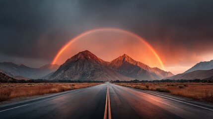 A vibrant rainbow arching over an open highway disappearing into the distance, symbolizing hope and adventure in a scenic photography shot