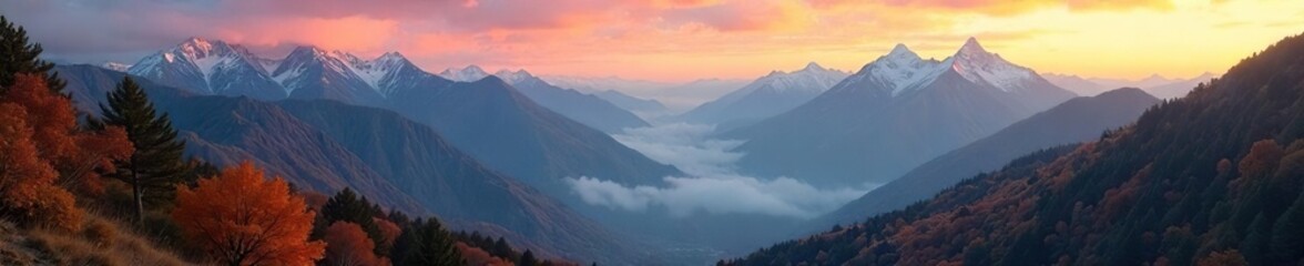 Majestic mountain range at dawn, perfect autumnal colors, mist hangs in the valleys, ideal hunting backdrop Ready for your next adventure photo , adventure, gold, outdoors