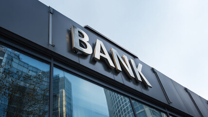Modern Bank Building Low Angle View White Letters Sign Glass Architecture Financial Institution Contemporary Facade