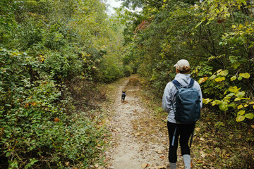 Person hiking through Indiana woods with pet dog, active lifestyle outdoors.