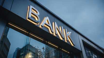 Modern Bank Building Facade Golden Sign Letters Glass Architecture Commercial Financial Institution Exterior Urban Business