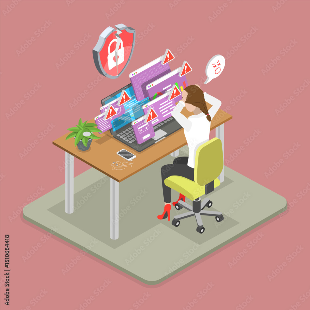 Aufkleber 3d isometric flat vector illustration of data breach, detecting weaks in network security