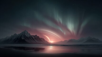 Alien sky showcasing a massive glowing ringed planet low on the horizon, surrounded by swirling purple and green auroras, with sharp alien mountain silhouettes below