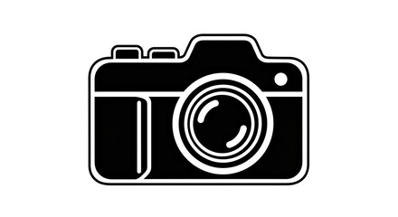 A minimalist black icon of a camera with clean lines and smoothly rounded edges, representing photography, media, and digital capture.