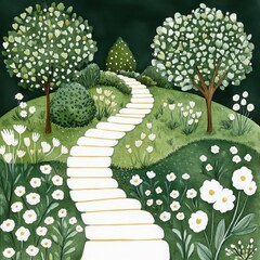 White Path Winding Through a Lush Green Garden with White Flowers
