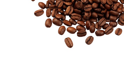 Top view of roasted coffee beans on a white background for banner design