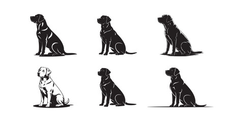 Set of Black and White Labrador Dog Silhouettes Sitting