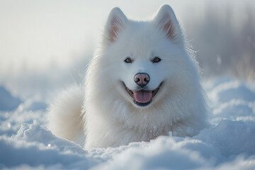 Obraz premium White dog running through snow-covered forest.