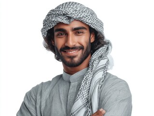 A man in traditional Muslim attire, wearing a robe and scarf around his head. He has long hair and appears to be smiling.
