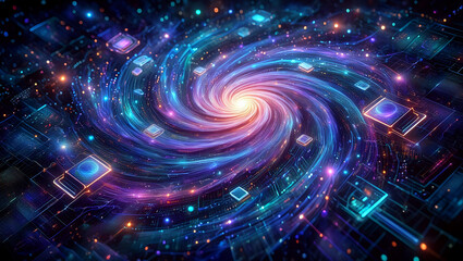 Digital universe abstract illustration featuring a swirling nebula and futuristic technology