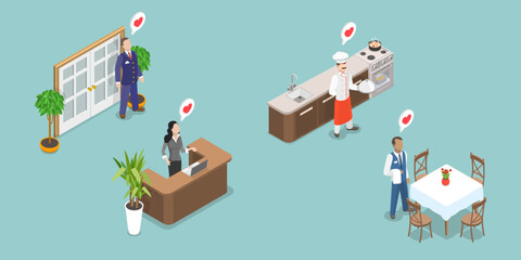 3D Isometric Flat Vector Illustration of Restaurant Staff Characters, Professionals Team