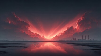 A dark sci-fi sky with radiant energy bursts and neon streaks, hovering drones flying across a futuristic industrial zone