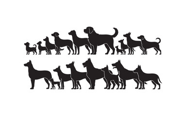 This image showcases a variety of dog breeds in silhouette form, arranged side-by-side.