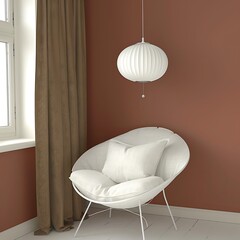 Cozy corner with modern chair and pendant lamp in minimalist interior
