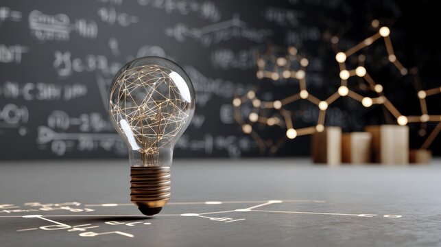 Light Bulb Symbolizing Innovation in Science with Networking and Mathematics Illustration Featuring Abstract Chalkboard, Concept of Scientific Discovery and Education