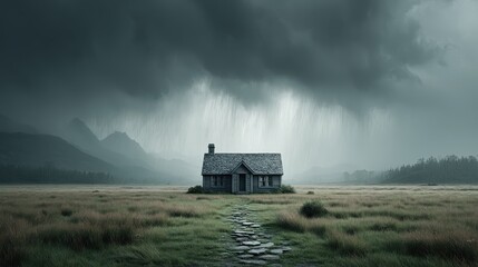 Clouds thick with rain hovering over a countryside farmhouse, rain visibly falling with muted tones all around