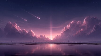 A dark sci-fi sky with radiant energy bursts and neon streaks, hovering drones flying across a futuristic industrial zone