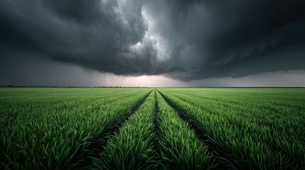 Bright green grass illuminated by distant lightning, stormy sky above reflecting tension in the atmosphere