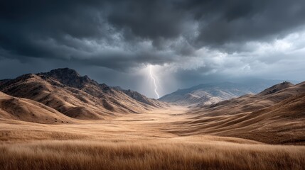An epic stormy landscape of rolling hills and dense storm clouds, lightning striking the earth far in the distance, evoking natures untamed force
