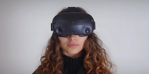 A young woman wearing a virtual reality headset.
