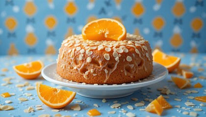 Orange almond cake, on the table, with various small and cute honeycomb patterns in the background.