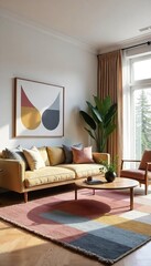 Modern minimalist living room featuring a geometric rug, angular furniture, and bold lines creating a visually striking and stylish interior design , dwelling place, bold lines