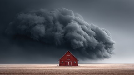 Dark cumulonimbus clouds looming over a rural barn, captured in sharp contrast and moody tones for storm-themed photography