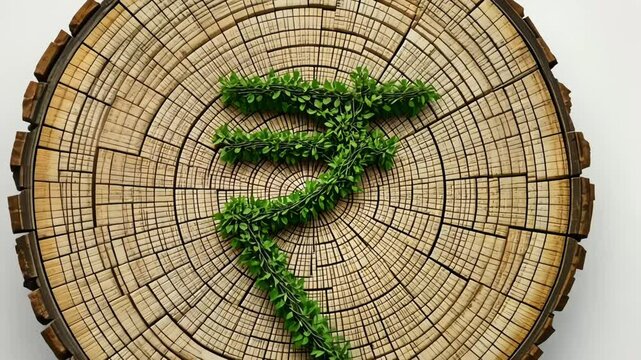Rupee symbol as a tree trunk cross section, representing generational wealth and rooted economic growth