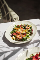 Portion of gourmet mediterranean shrimp salad 