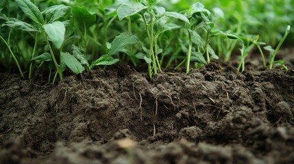 Fototapeta premium Young plants sprouting from rich soil in a lush green field