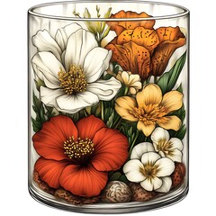 Floral arrangement in a clear glass vase.  A variety of colorful flowers, including whites, oranges, and reds, are nestled within the glass.  Delicate details, like the leaves and stems, are included