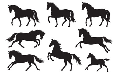 A collection of black silhouettes of horses in various dynamic poses, including walking, running, and jumping.