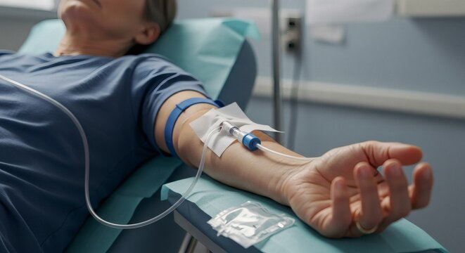 An elderly patient receives intravenous treatment in a hospital room for medical care. - Powered by Adobe