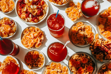 Pasta and beverages overhead view