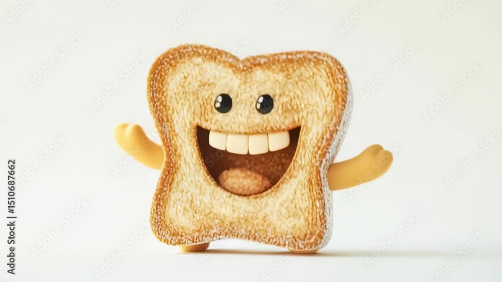 Poster animated smiling toast character with eyes and teeth on a white background